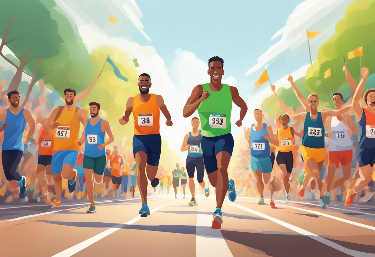 A runner crosses the finish line of a half marathon, surrounded by cheering spectators and fellow runners, with a sense of accomplishment and pride