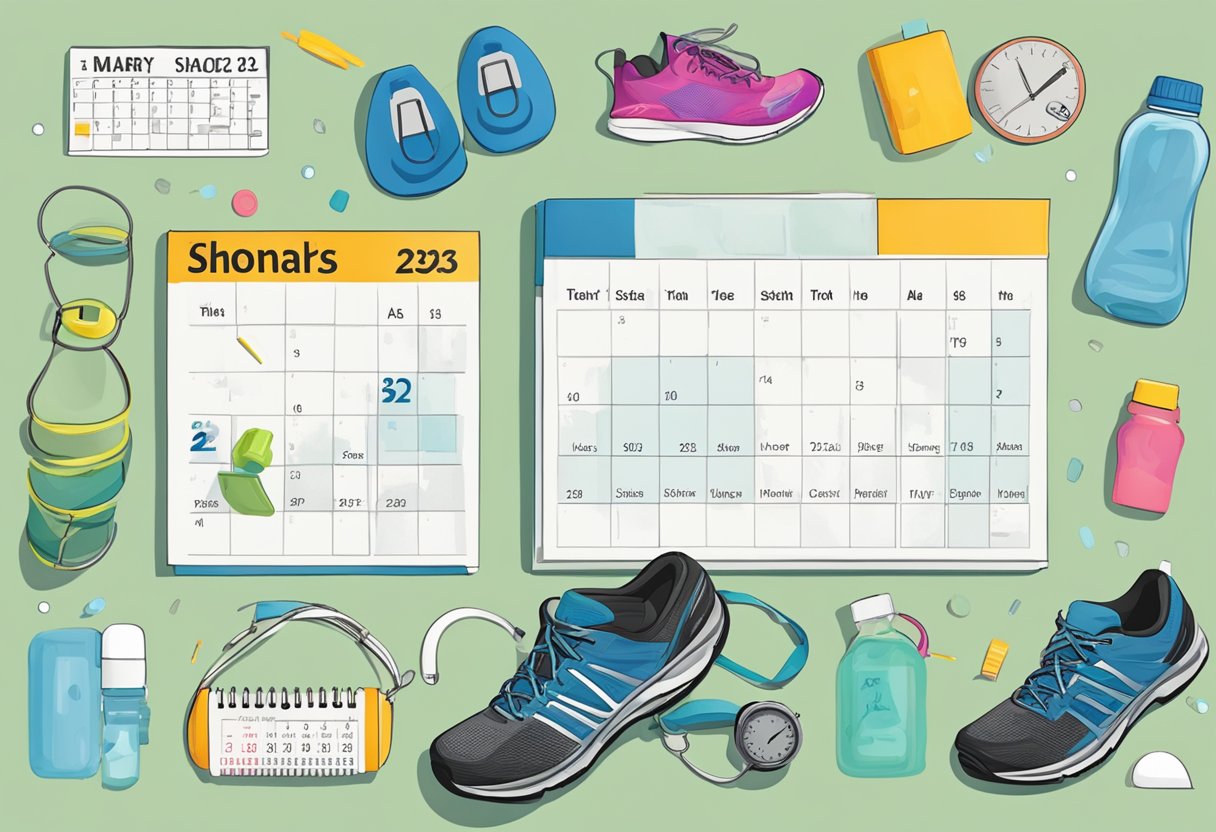 A calendar with 23 weeks marked off, surrounded by running shoes, water bottles, and a stopwatch