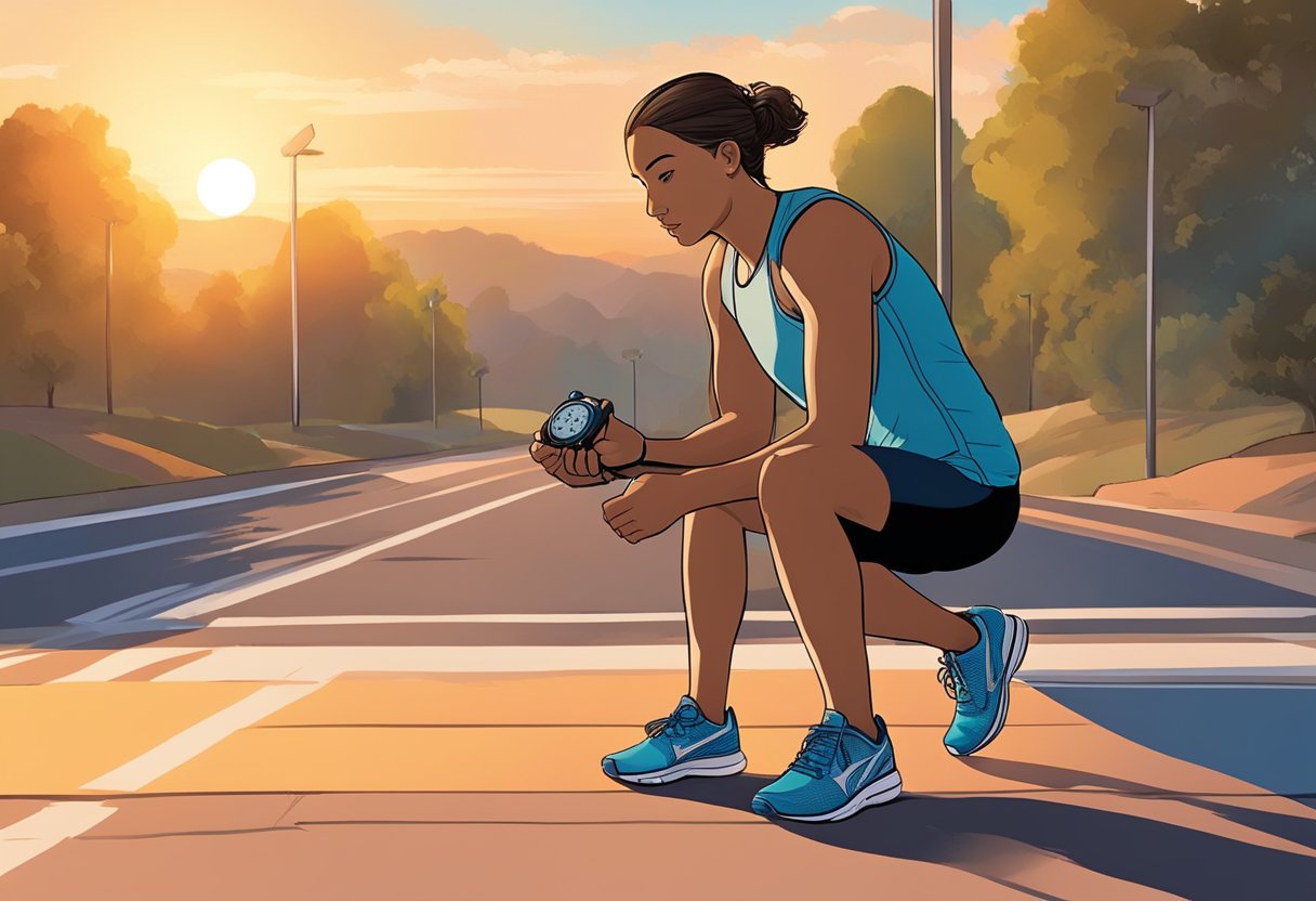 A runner laces up their shoes, a stopwatch in hand, ready to tackle the 23-week marathon training plan. The sun rises in the background, casting a warm glow over the scene