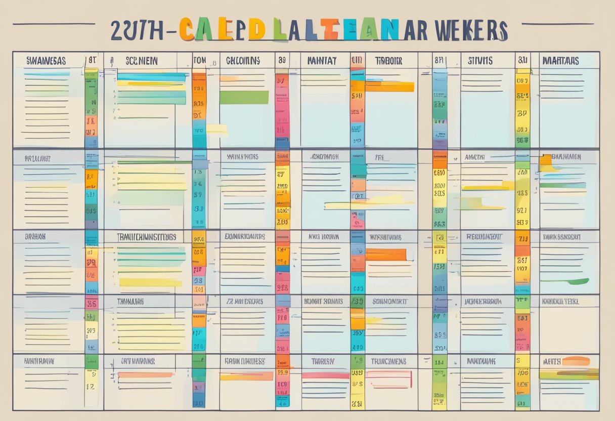 A calendar with 23 weeks marked, each week labeled with specific training activities for a marathon