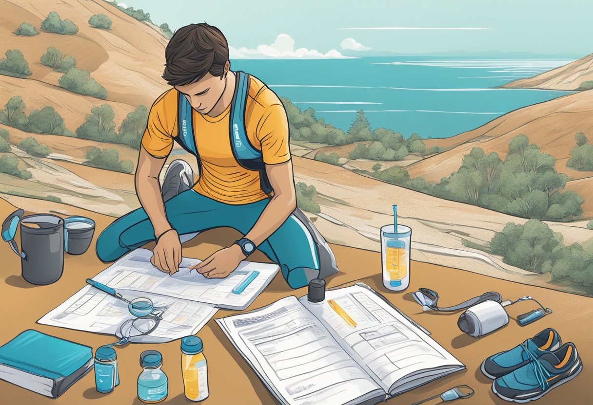 A runner lays out their gear, checks their hydration, and visualizes the race course. They review their training plan, focusing on tapering strategies