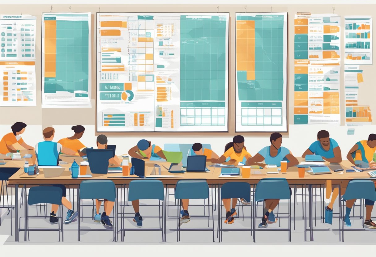 Runners rest, stretch, and review training plan after marathon. Tables hold water bottles, notebooks, and running shoes. Charts and graphs cover the walls