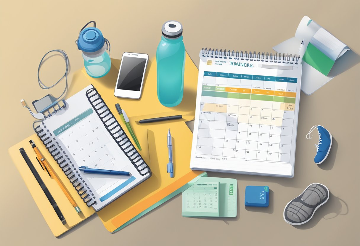 A table with a laptop, notebook, pen, running shoes, water bottle, and a calendar showing 23 weeks. A stopwatch and a training plan are also visible