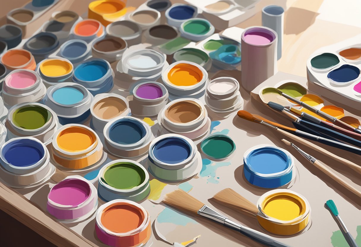 A vibrant palette of paint colors arranged neatly on a table, alongside a canvas with intricate outlines waiting to be filled in. The room is filled with natural light, inspiring creativity and confidence in the artist