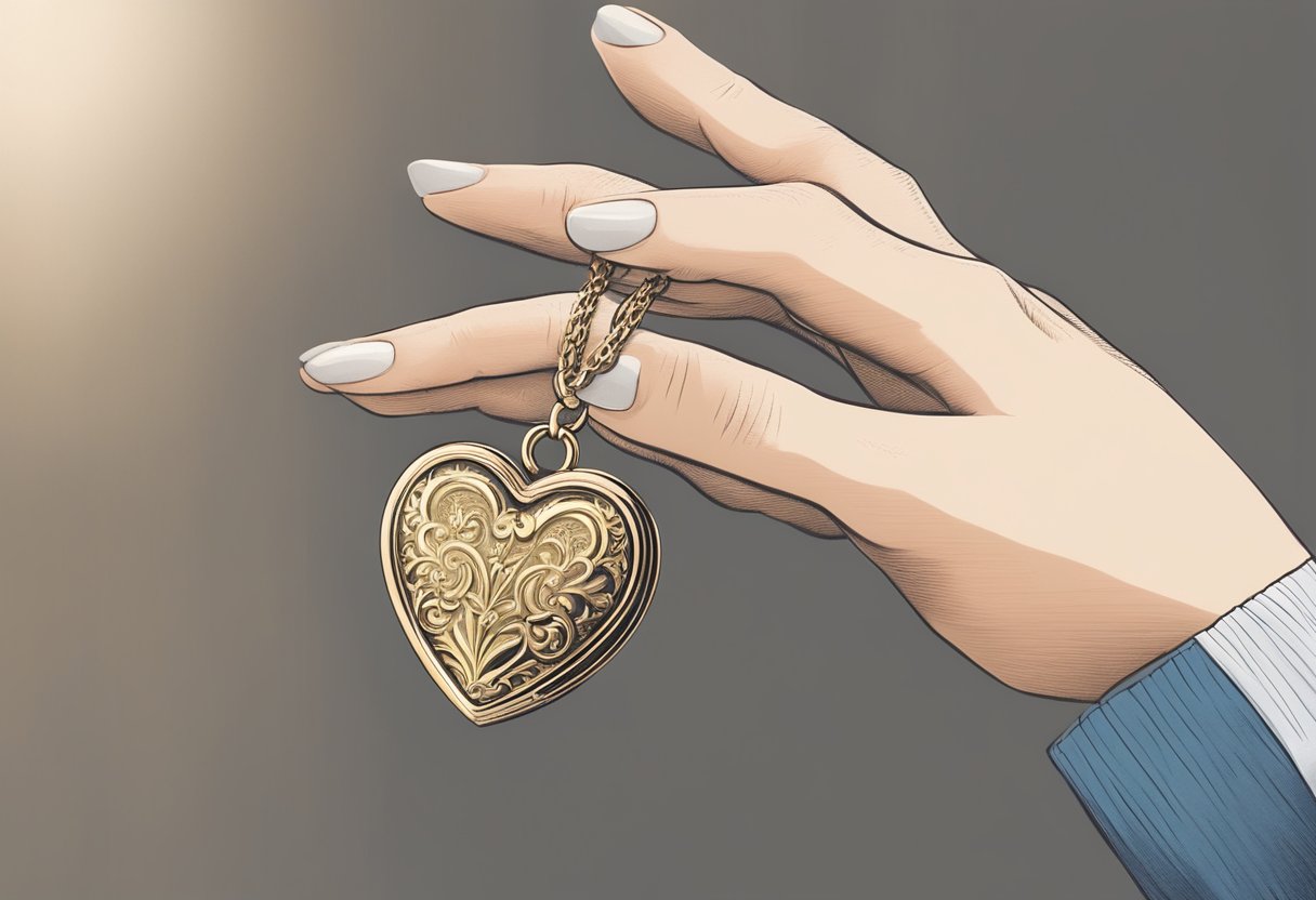 A woman's hand holding a heart-shaped locket, with a wedding band inside, while a man's shadow looms in the background