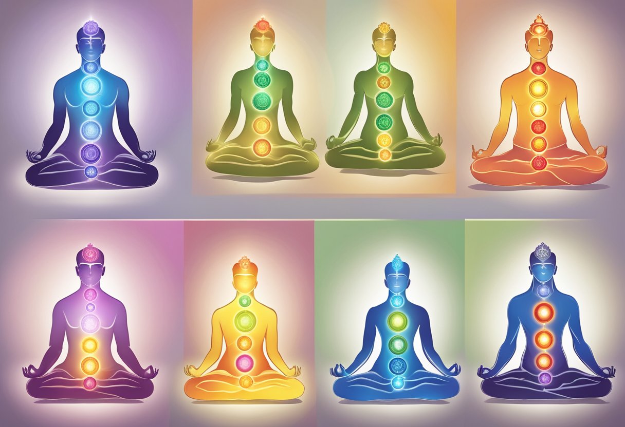 Sete chakras coloridos alinhados ao longo de um eixo central, cada um representando um aspecto diferente do corpo e do espírito