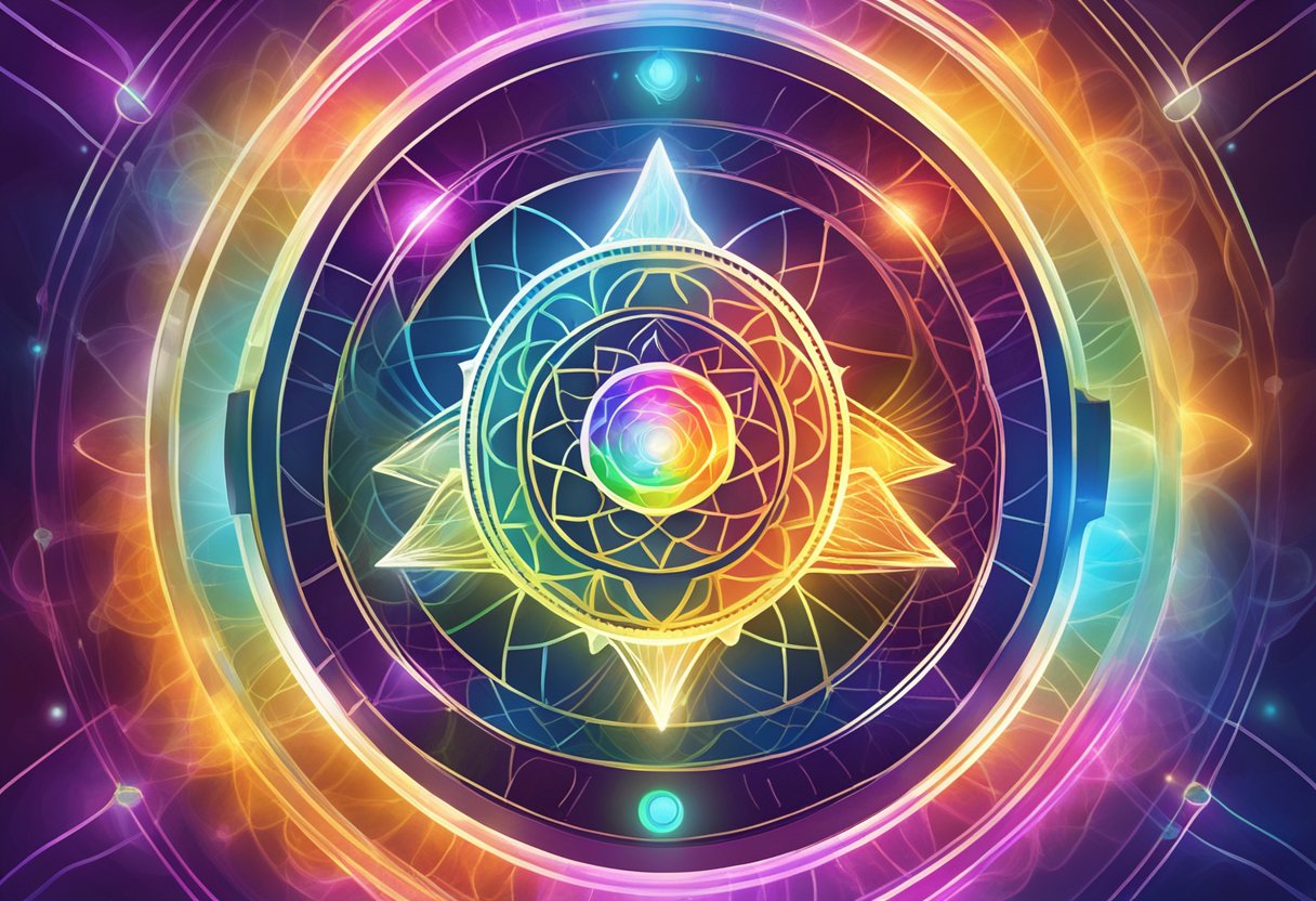 A glowing chakra symbol surrounded by energy lines and vibrant colors, representing specific meanings and related practices