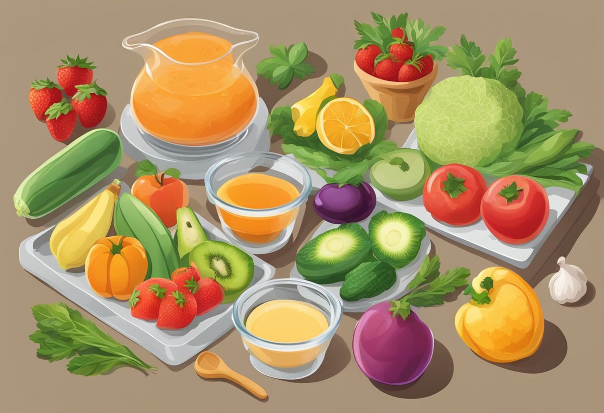 A table with various fruits, vegetables, and cooking utensils for making homemade baby food