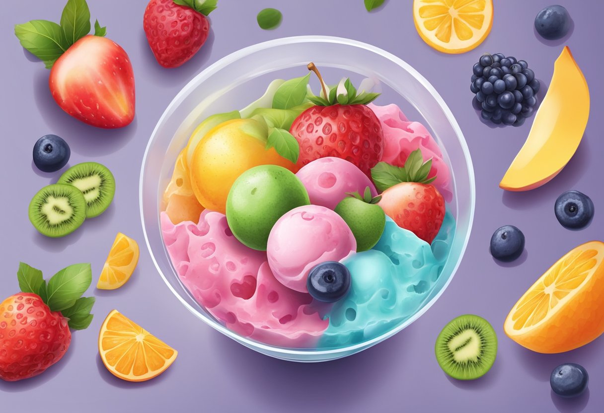 A colorful array of fresh fruits and natural ingredients are being blended together to create a healthy and delicious homemade ice cream