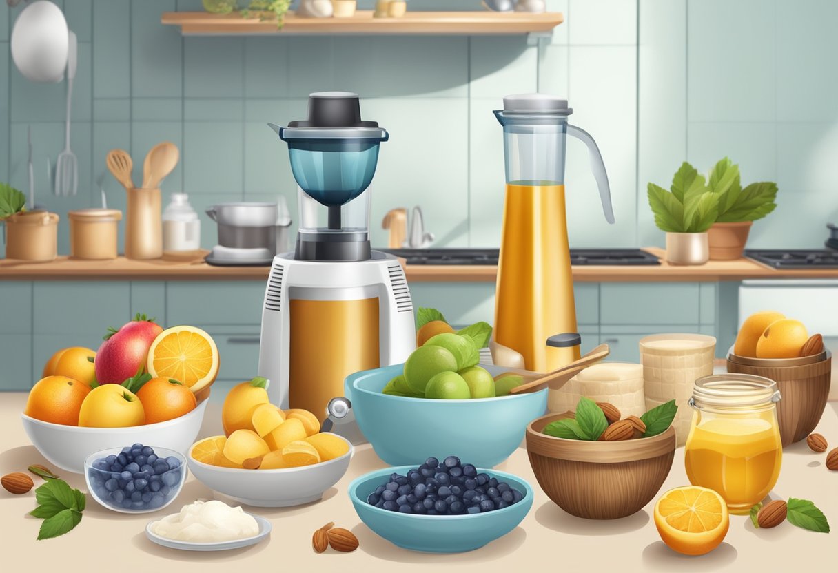 A table with various natural ingredients like fruits, nuts, and honey, along with kitchen utensils and a blender, set up for making healthy homemade ice cream