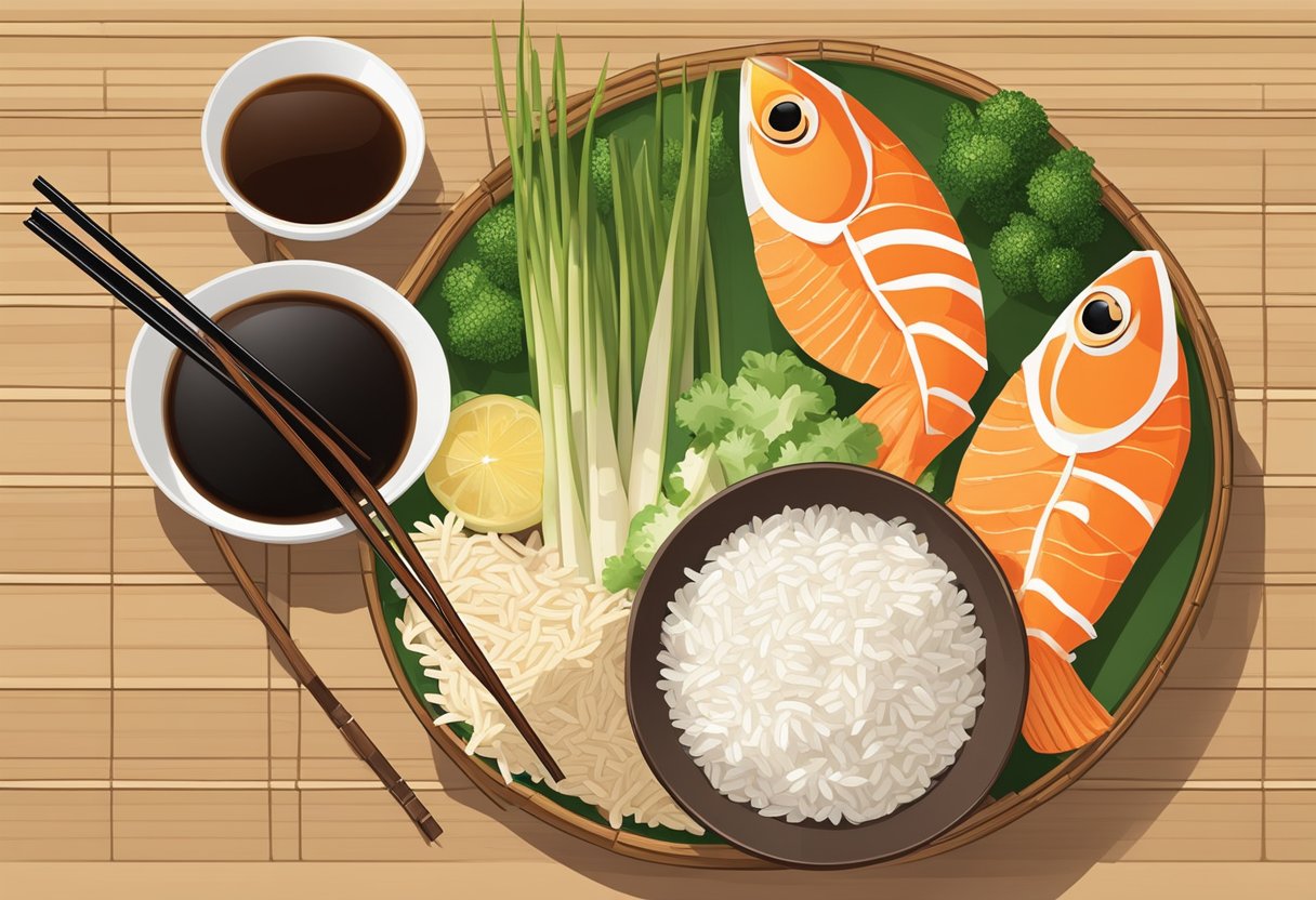 Rice, fish, and vegetables arranged on a bamboo mat. A pair of chopsticks and a bowl of soy sauce nearby