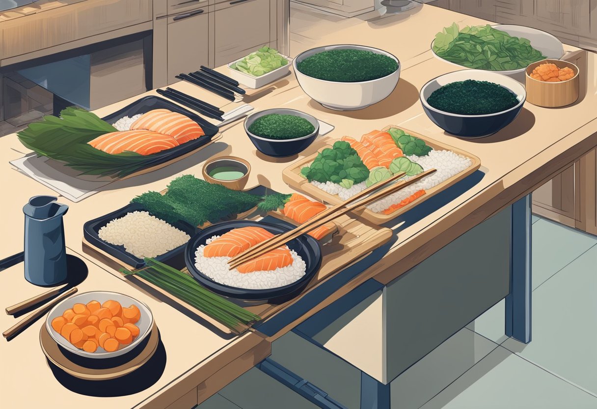 A counter with sushi ingredients, rice, seaweed, and utensils. A step-by-step guide on a table. Bright, clean kitchen