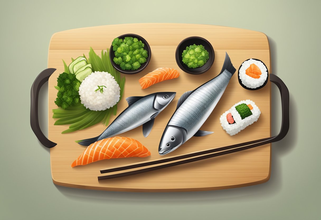 A cutting board with sushi rice, nori sheets, fresh fish, vegetables, bamboo rolling mat, sharp knife, soy sauce, and wasabi