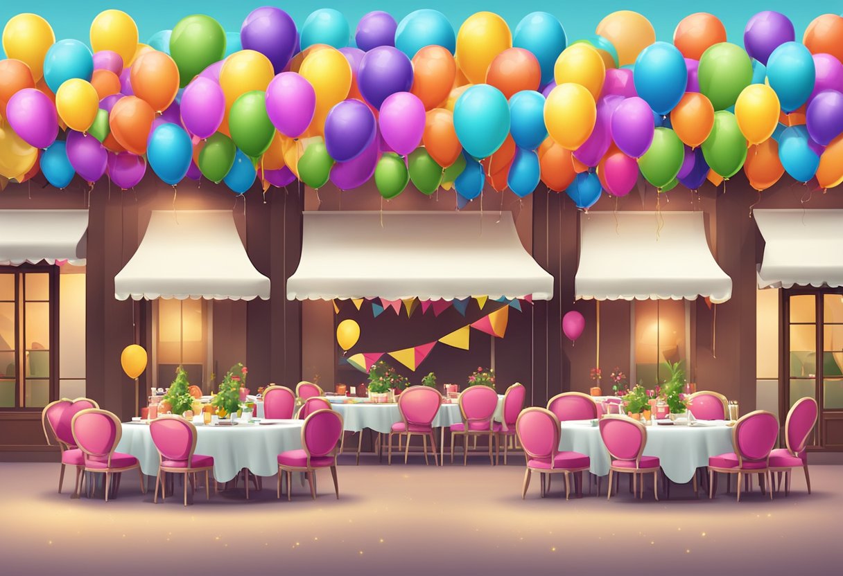 A festive party rental business opening scene with colorful balloons, tables, chairs, and a banner