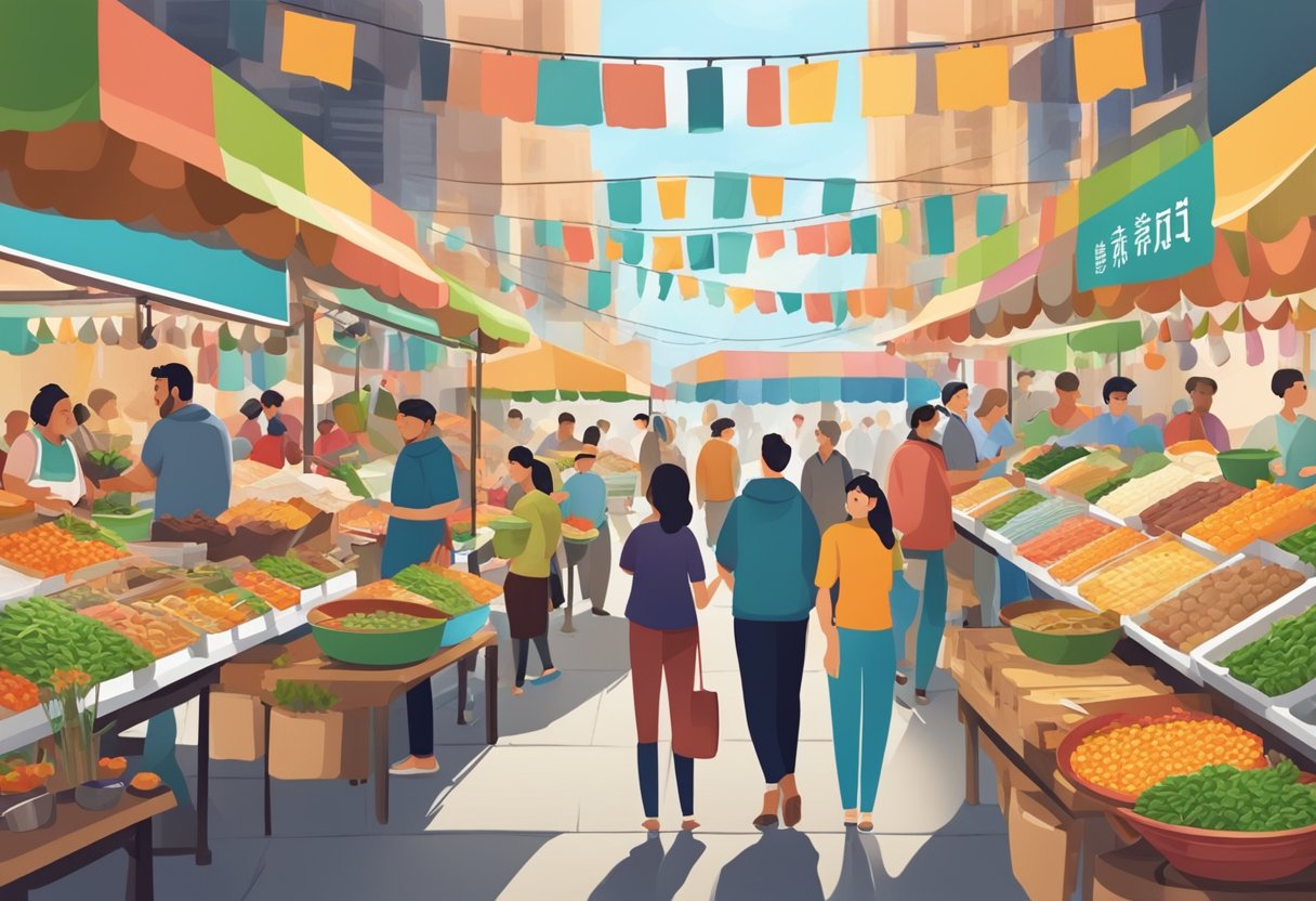 A bustling food market with colorful stalls and happy customers enjoying a variety of delicious dishes