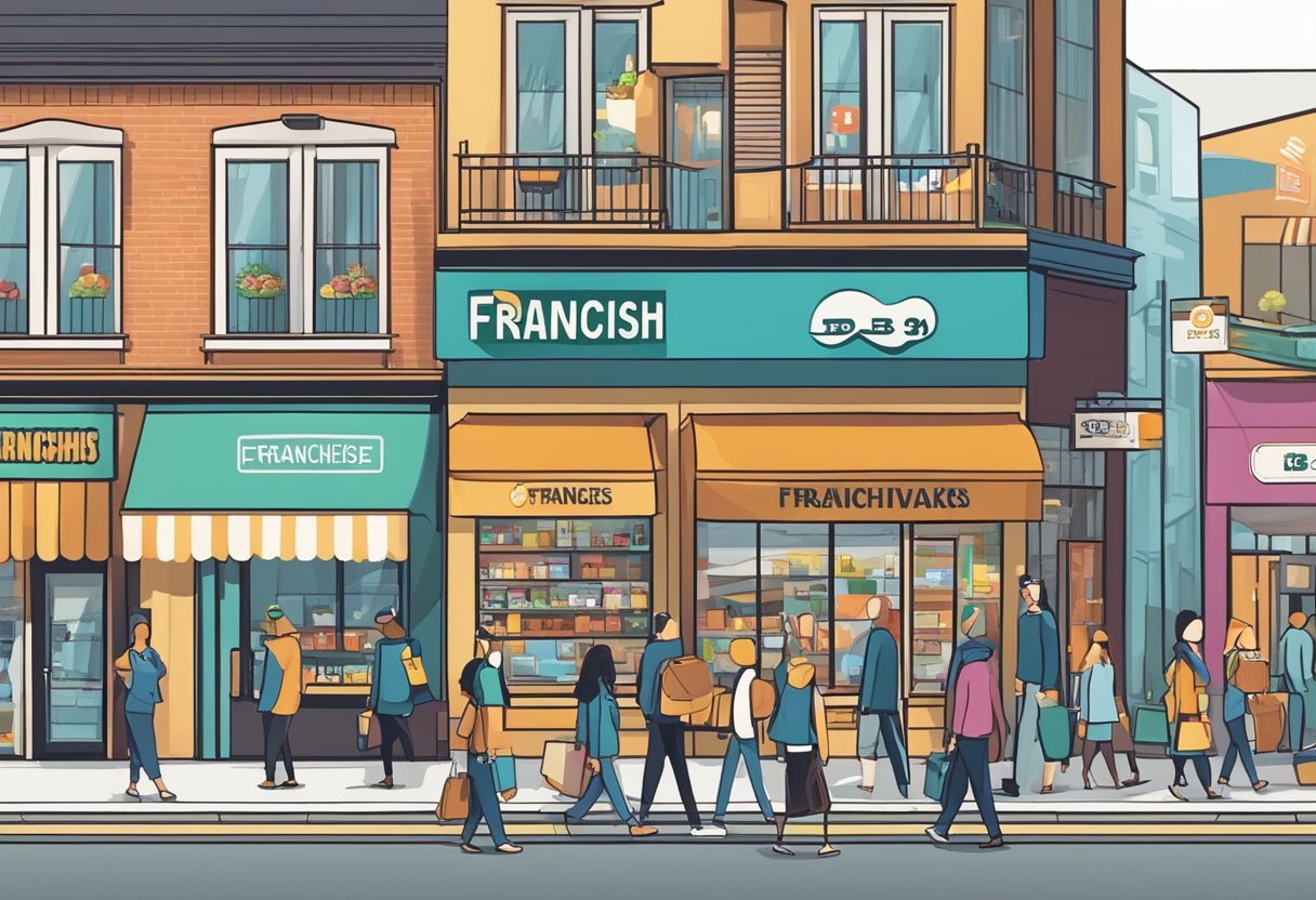 A bustling street with a variety of franchise businesses, each with a distinct logo and signage. Customers are seen entering and exiting the different stores, indicating a successful franchise business scene