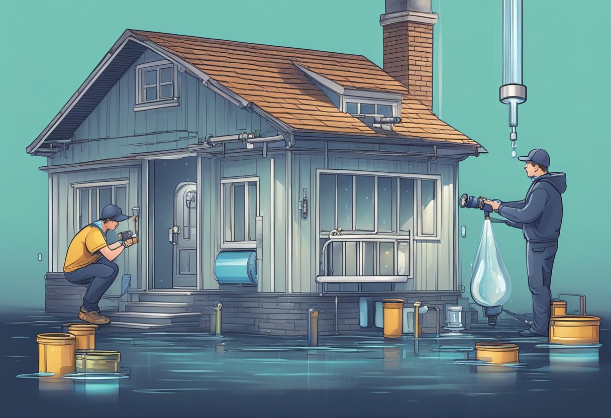 A house with visible pipes, a water meter, and a wrench. Water droplets forming around a leaking pipe. A person holding a flashlight inspecting the pipes