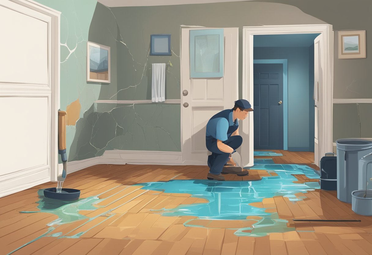 A leaking pipe in a home, water dripping from a cracked section, puddle forming on the floor, and a person inspecting with a flashlight