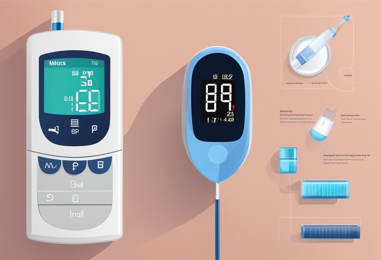 A blood glucose meter with a drop of blood and a test strip, alongside a digital display showing the blood sugar level reading