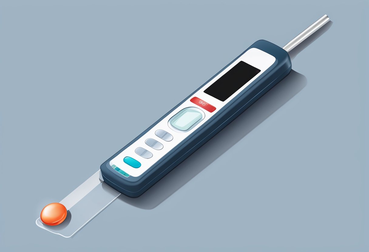 A glucose meter and test strip lying on a clean, flat surface with a drop of blood on the strip