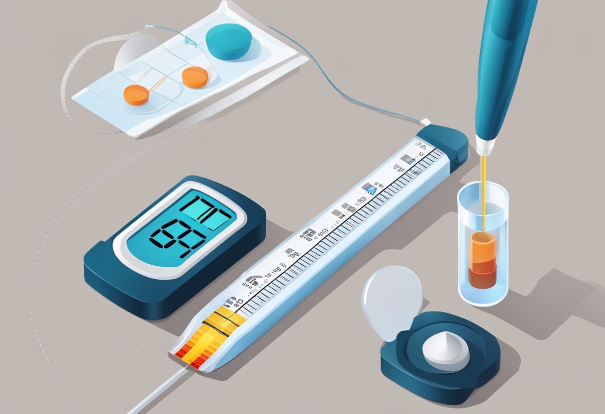 A glucose meter and test strip are placed on a flat surface. A drop of blood is shown being applied to the test strip