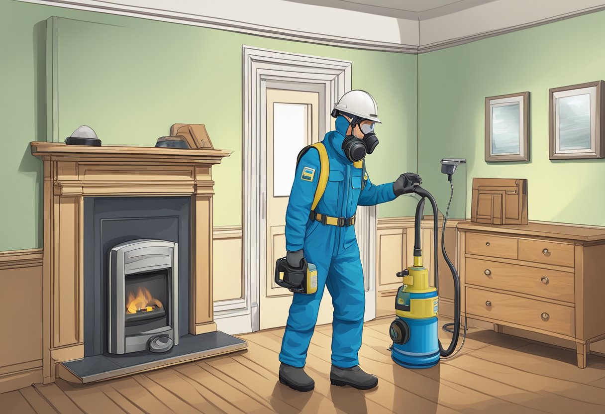 A person using a gas leak detector to check for gas leaks in a house, while wearing protective gear