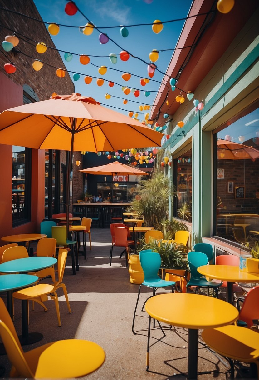 A colorful outdoor patio at Torchy's Tacos, with a vibrant sign and bustling customers enjoying vegan dishes in Waco