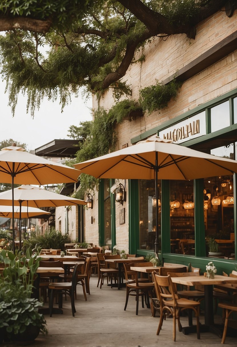 A bustling outdoor patio at Magnolia Table, with a vibrant sign and lush greenery, showcasing the best vegan dishes in Waco