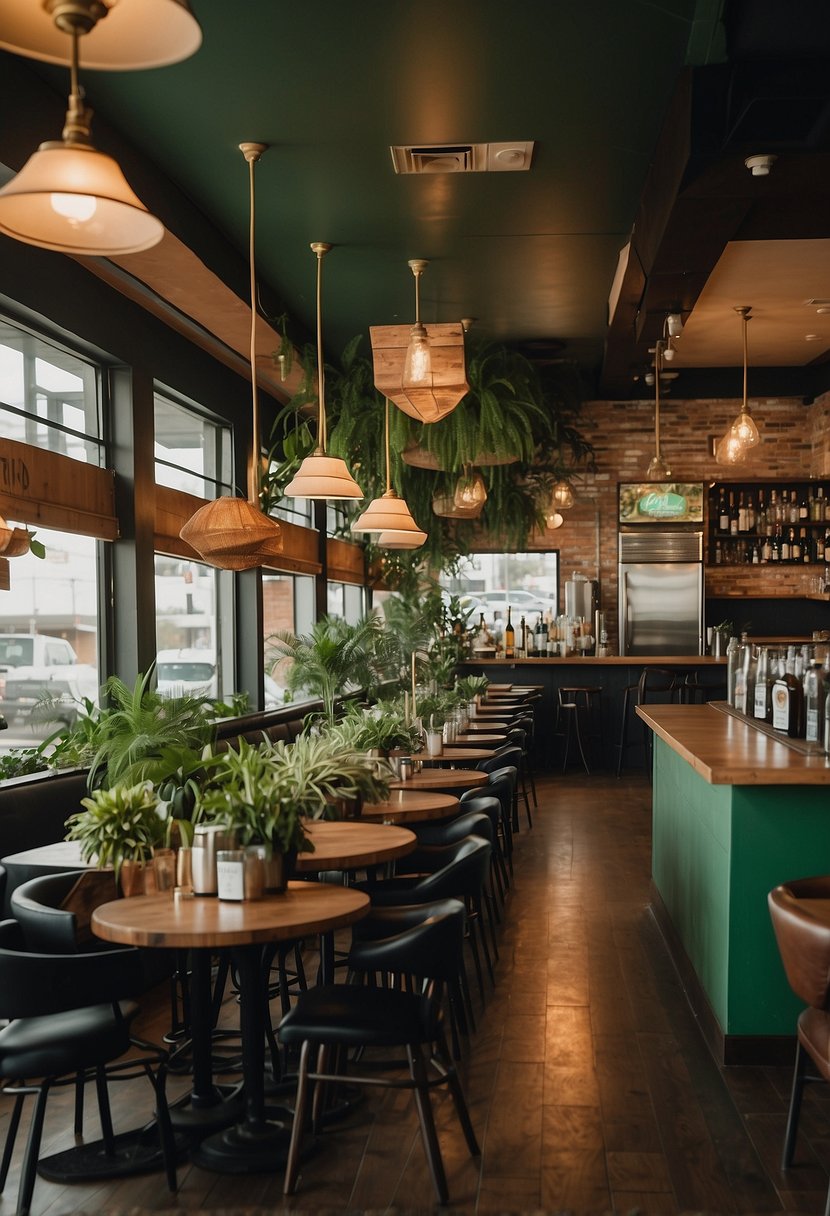 The bustling interior of Brazos Bar & Bistro, filled with vibrant green plants and modern decor, showcases the best vegan cuisine in Waco