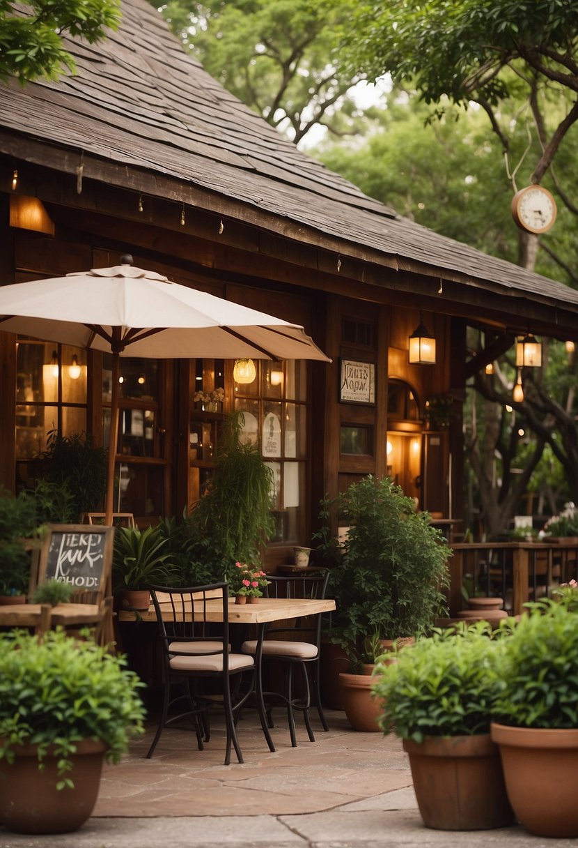 A cozy wooden Texas Tea House with a sign "Jake's" and a bustling outdoor patio, surrounded by lush greenery and a warm, inviting atmosphere