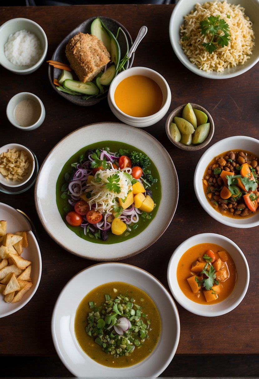 A table set with colorful, artfully plated vegan dishes at a trendy Waco restaurant. The dishes showcase a variety of textures, colors, and flavors, enticing diners to try the best of vegan cuisine
