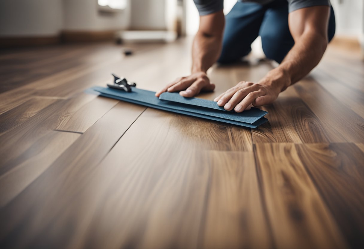A person laying laminate flooring over vinyl, with tools and materials nearby