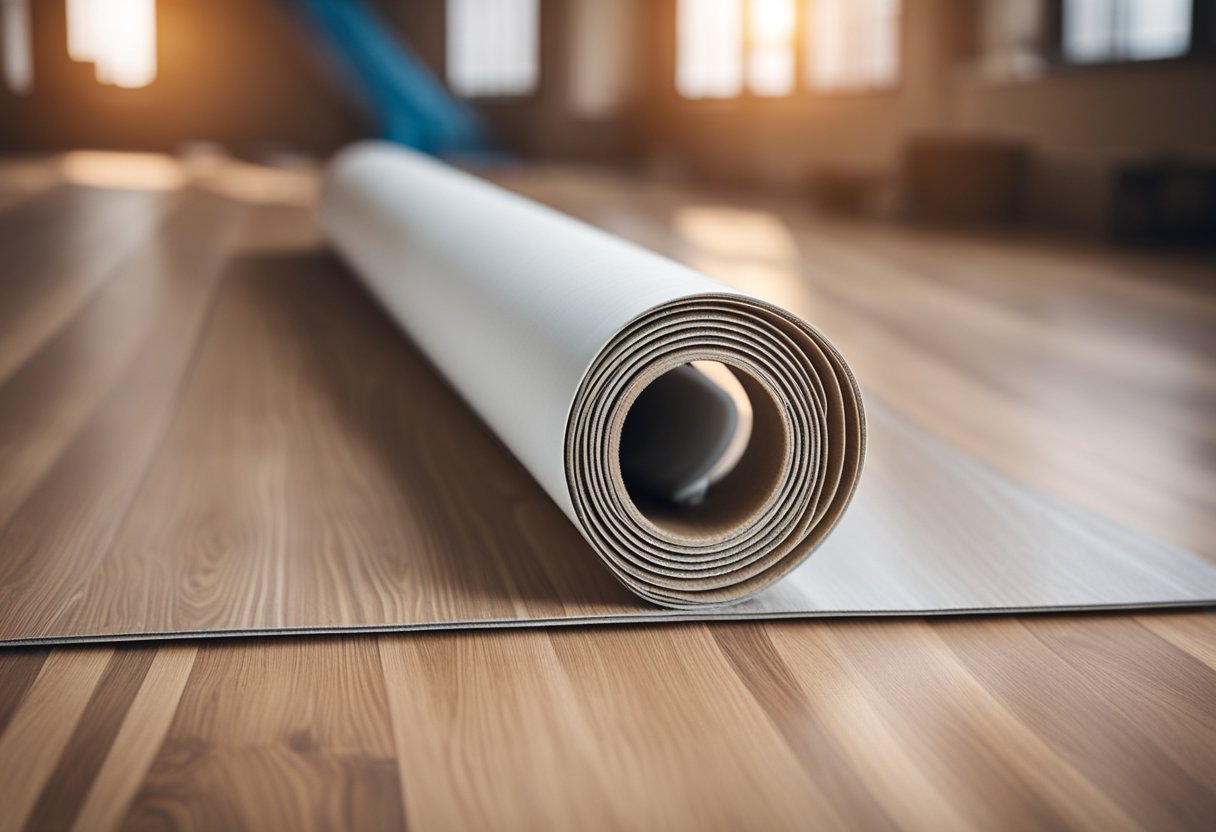 A roll of laminate flooring being laid over a vinyl floor, with a smooth and level surface