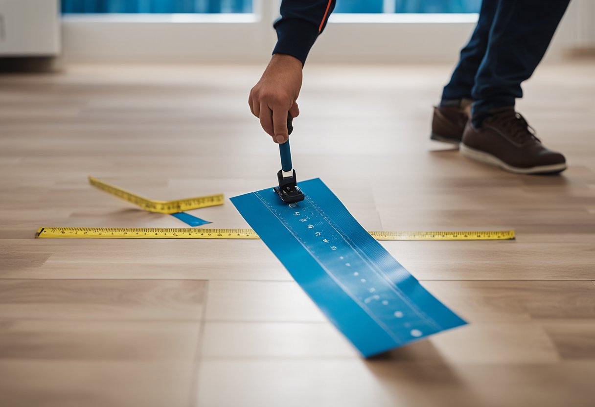 A clean, smooth vinyl floor is being measured and marked for the installation of laminate flooring. Tools and materials are laid out nearby