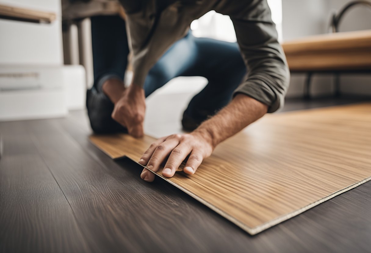 A person lays laminate flooring over vinyl, following a step-by-step installation guide