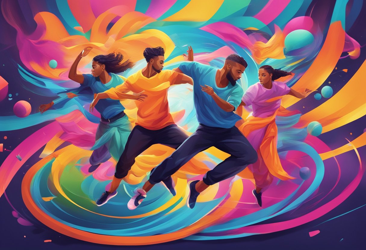 A vibrant clash of colors and symbols representing Mindvalley and Masterclass, swirling around each other in a dynamic and competitive dance