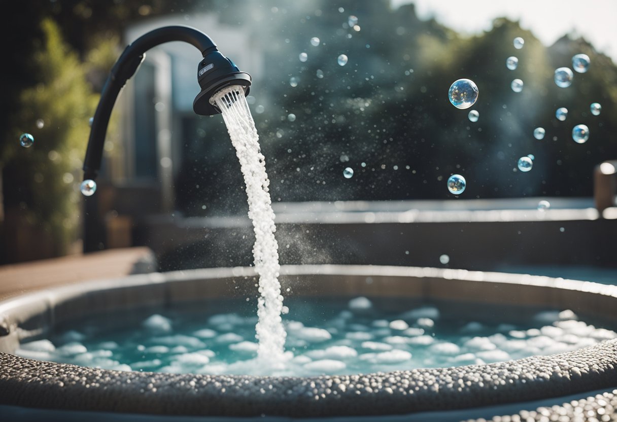 A hot tub vacuum sucks up debris from the water, with bubbles and steam rising around it