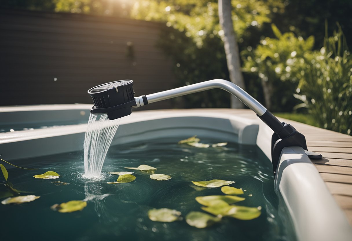 A hot tub vacuum hovers over the water, sucking up debris and leaves. Its long handle and flexible head make it easy to reach every corner of the tub