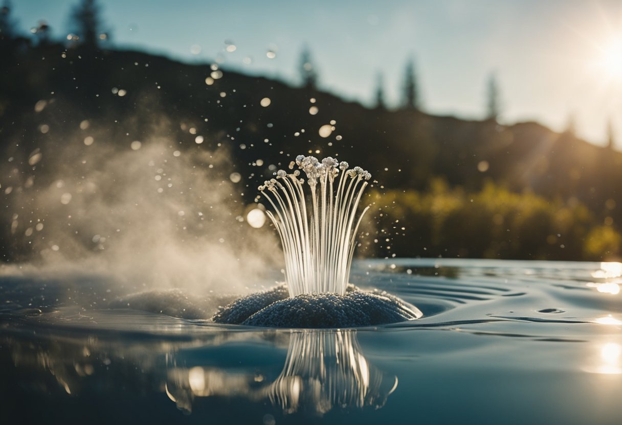 A hot tub vacuum hovers over the water's surface, its nozzle sucking up debris and leaves. The steam rises from the warm, bubbling water