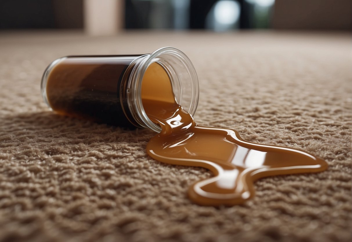 A spilled makeup stain on a carpet. A person pouring cleaning solution onto the stain and gently blotting it with a clean cloth
