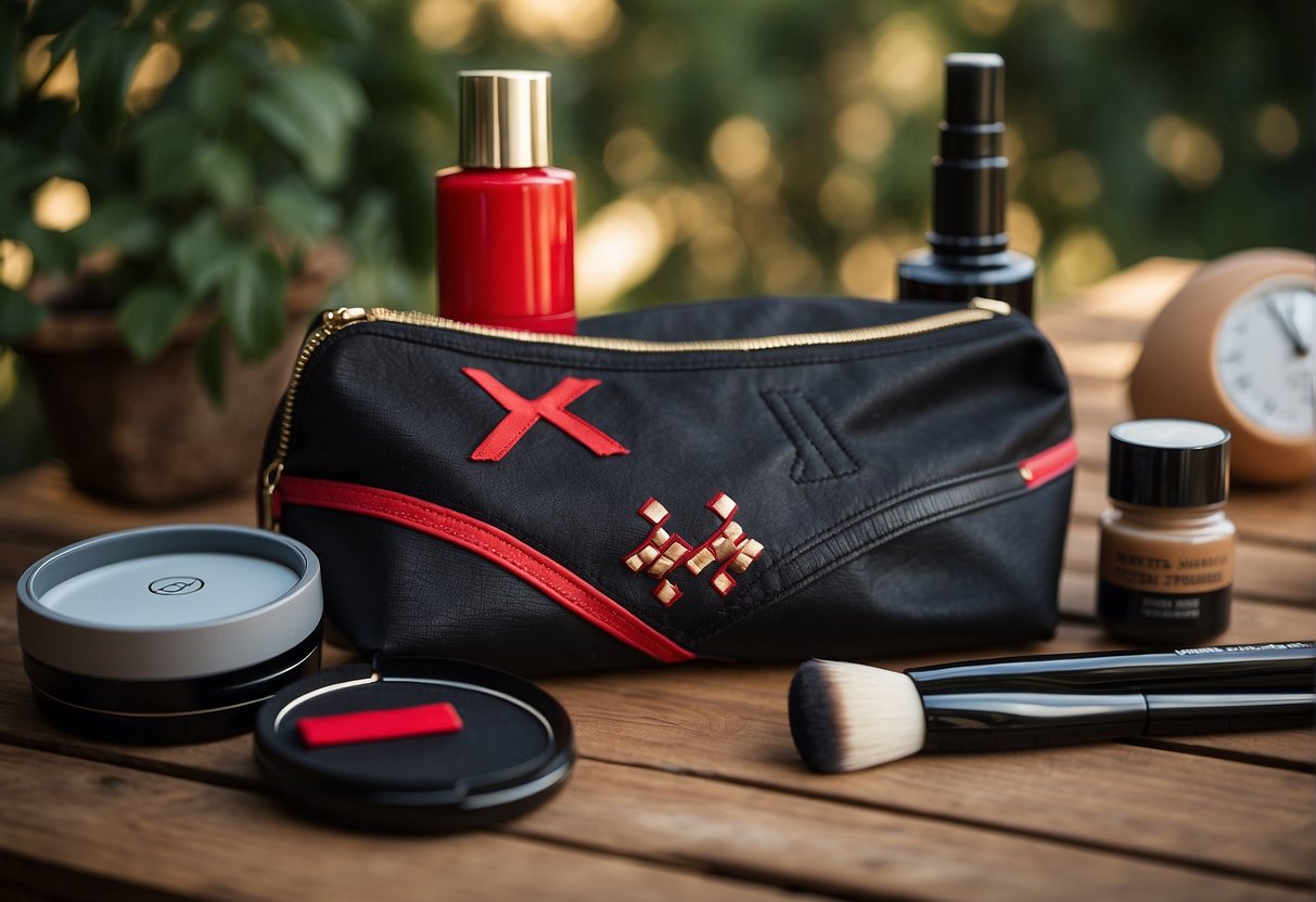 A makeup bag with a red "X" over it, next to a list of activities like exercise, alcohol, and sun exposure