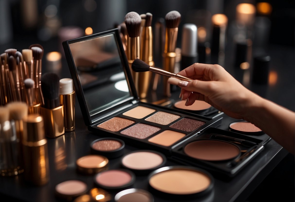 A table holds a palette of Seint makeup, brushes, and a mirror. A hand reaches for a brush, ready to apply the makeup