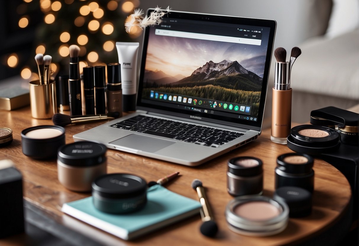 A table with makeup products and brushes, a laptop open to a FAQ page, and a person's hand reaching for a product