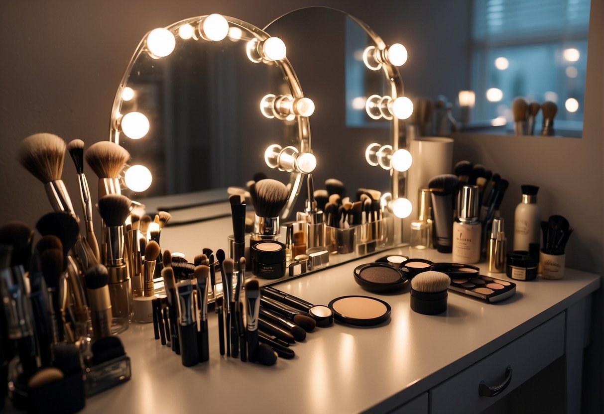 A person sits in front of a mirror, deciding whether to do their hair or makeup first. Brushes, combs, and beauty products are scattered on the vanity