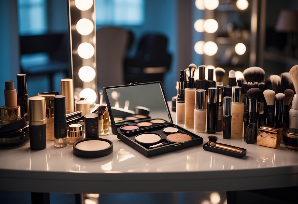 A table with neatly arranged hair and makeup products, a mirror, and a chair in a well-lit room