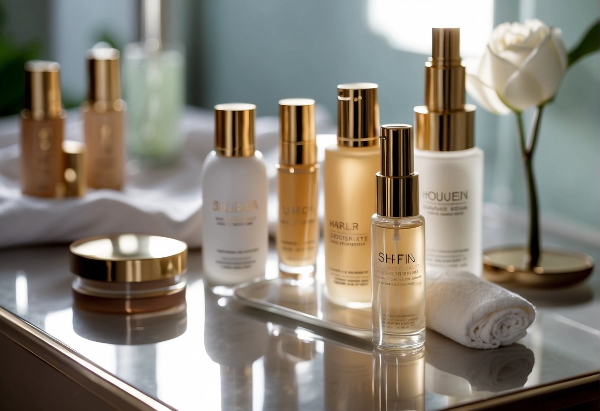 Skin prepped with hydrating serum, sunscreen, and primer. Products arranged neatly on a clean, organized vanity. Natural light illuminates the scene
