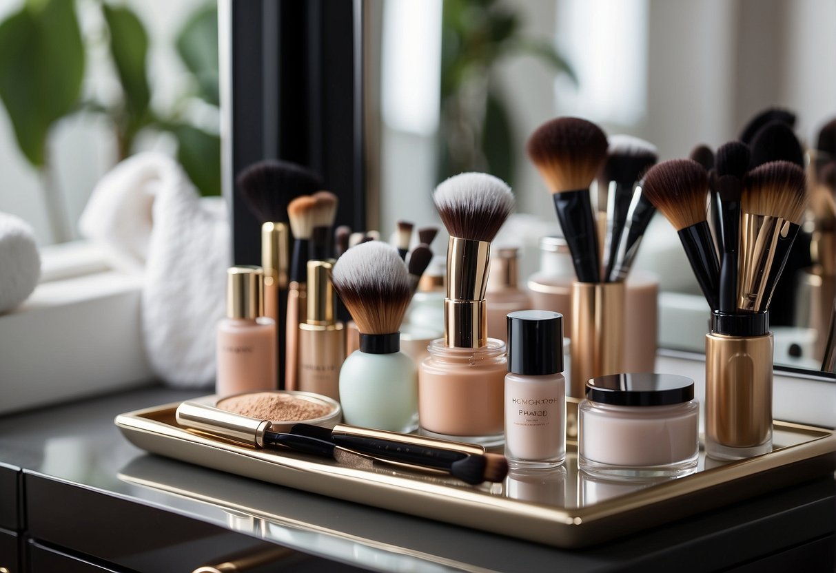A clean, well-lit vanity table with organized makeup products and brushes, a mirror, and a soft, fluffy towel for prepping the skin