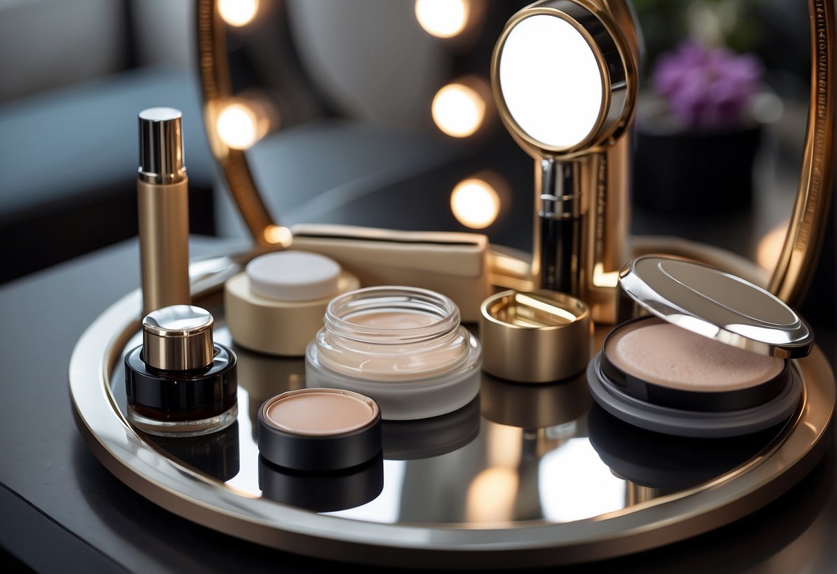 A table with skincare products neatly arranged, a mirror, and a makeup brush