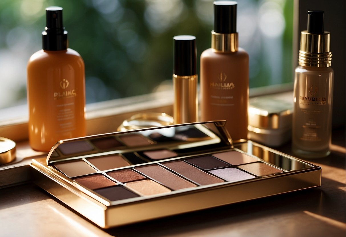 A makeup palette sits next to a bottle of tanning lotion, with a mirror reflecting the sun's rays
