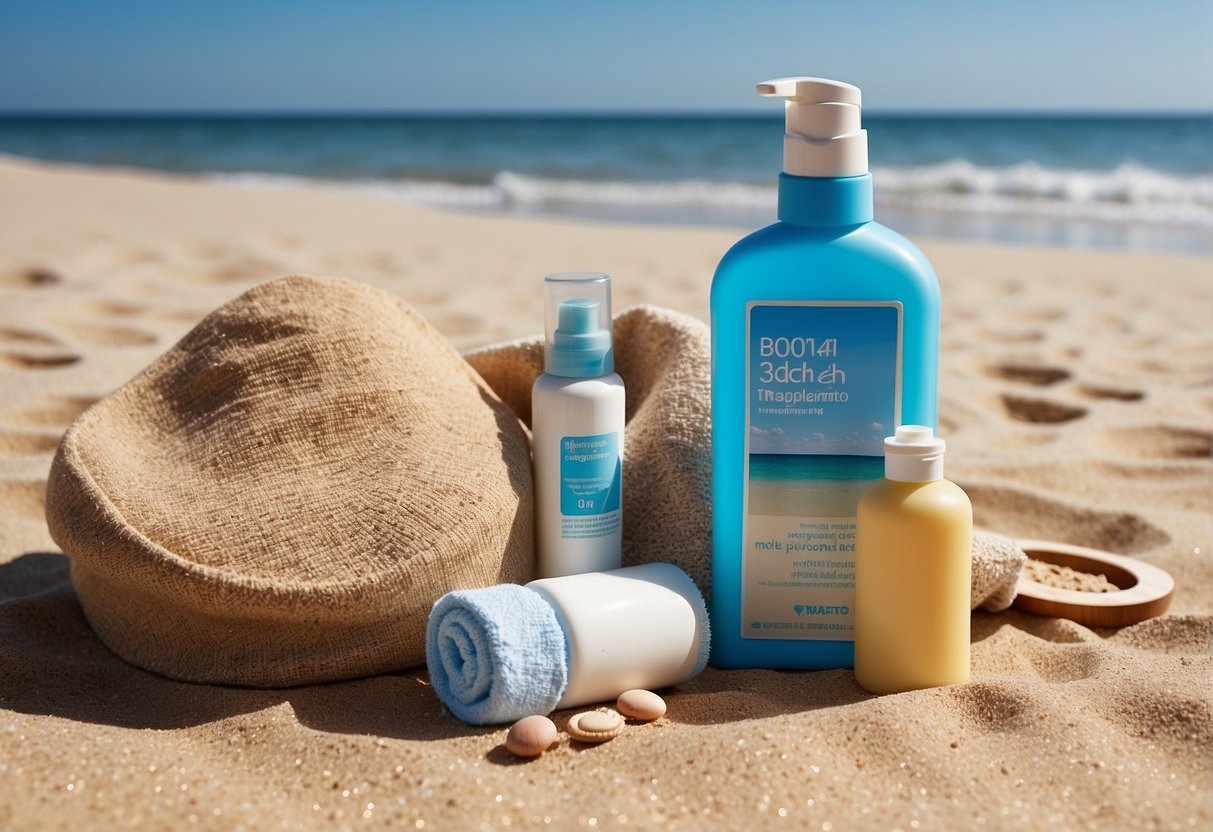 A beach scene with a bottle of sunscreen, makeup products, and a towel laid out on the sand, with a clear blue sky and the sun shining brightly